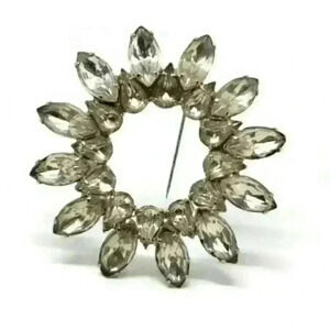 Vintage Brooch Rhinestone Circle Flower Navette & Pear Stones Large